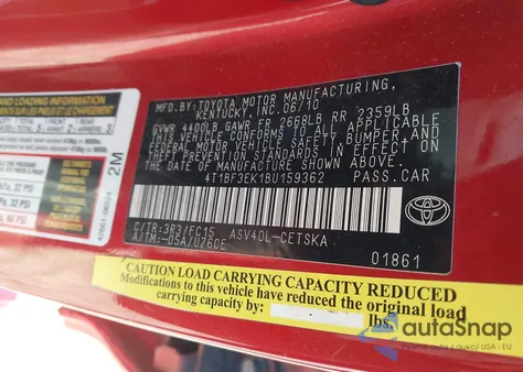 2011 Toyota Camry Se из США, поврежденный, VIN 4T1BF3EK1BU159362